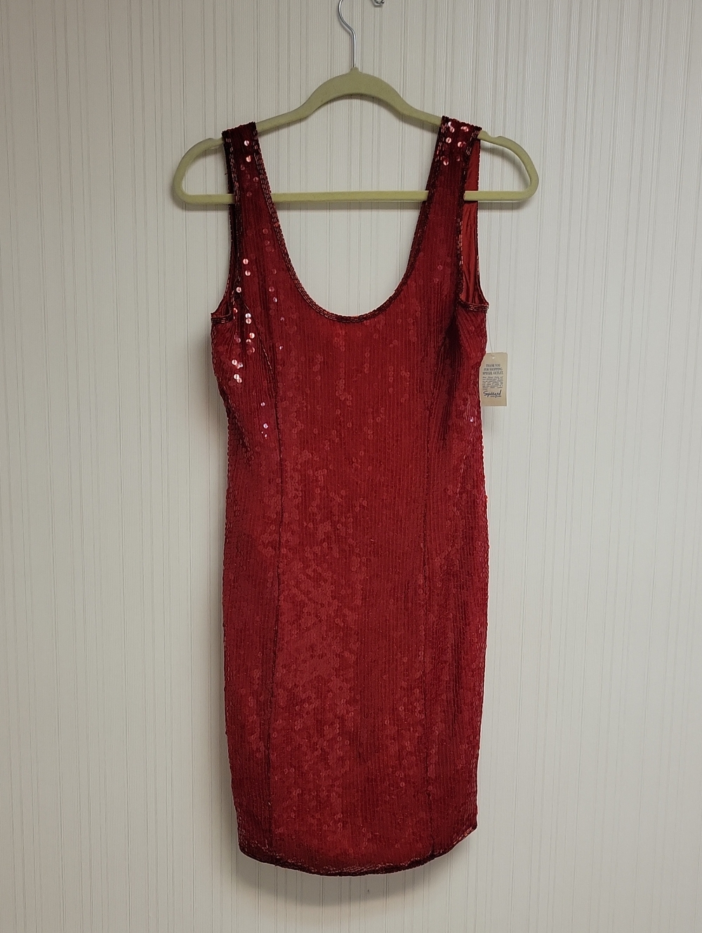 Together Vintage Red Sequin Scoop-Neck Bodycon Dress 12P New Silk Party Festive